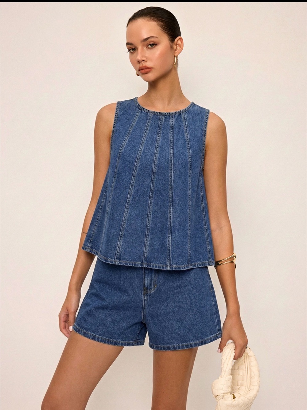 Commense Tie-Back Denim Sleeveless Top & Shorts Set